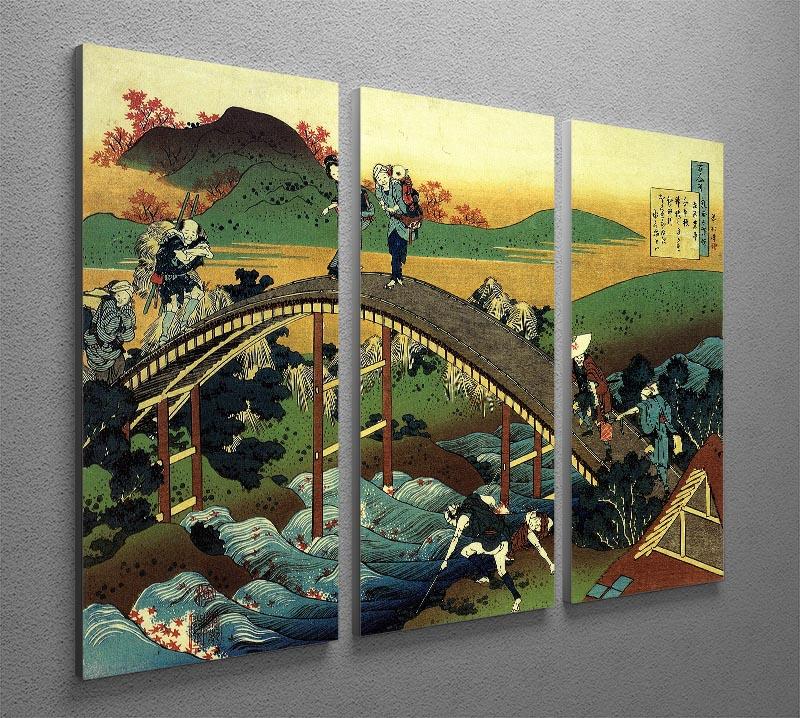 A stunning 3-panel canvas art featuring Hokusai's Travellers on the bridge near the waterfall of Ono, showcasing vibrant colors and intricate details.